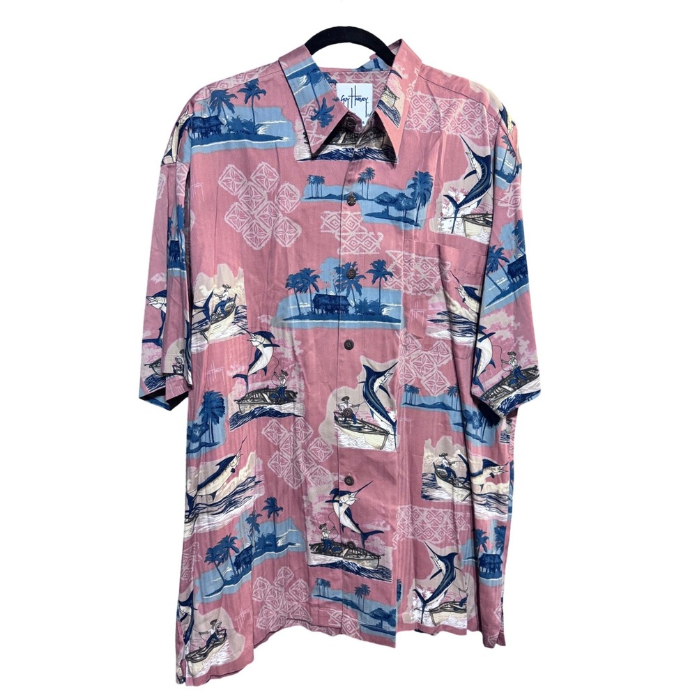 Guy Harvey Shirt Mens XL Rayon Blend Fishing Tropical Salmon Resort Short Slv
